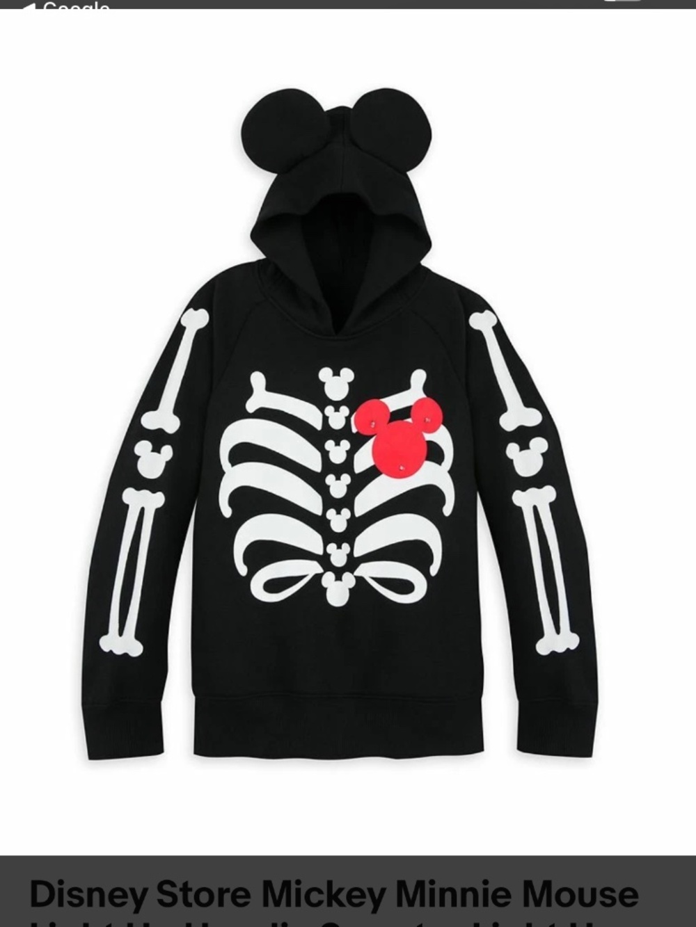 Disney Store Mickey Mouse Kids Skeleton Halloween Hoodie Light Up Glow In Dark S